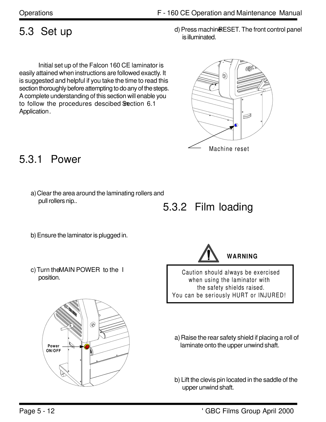 GBC F - 160 CE manual Set up, Power, Film loading 