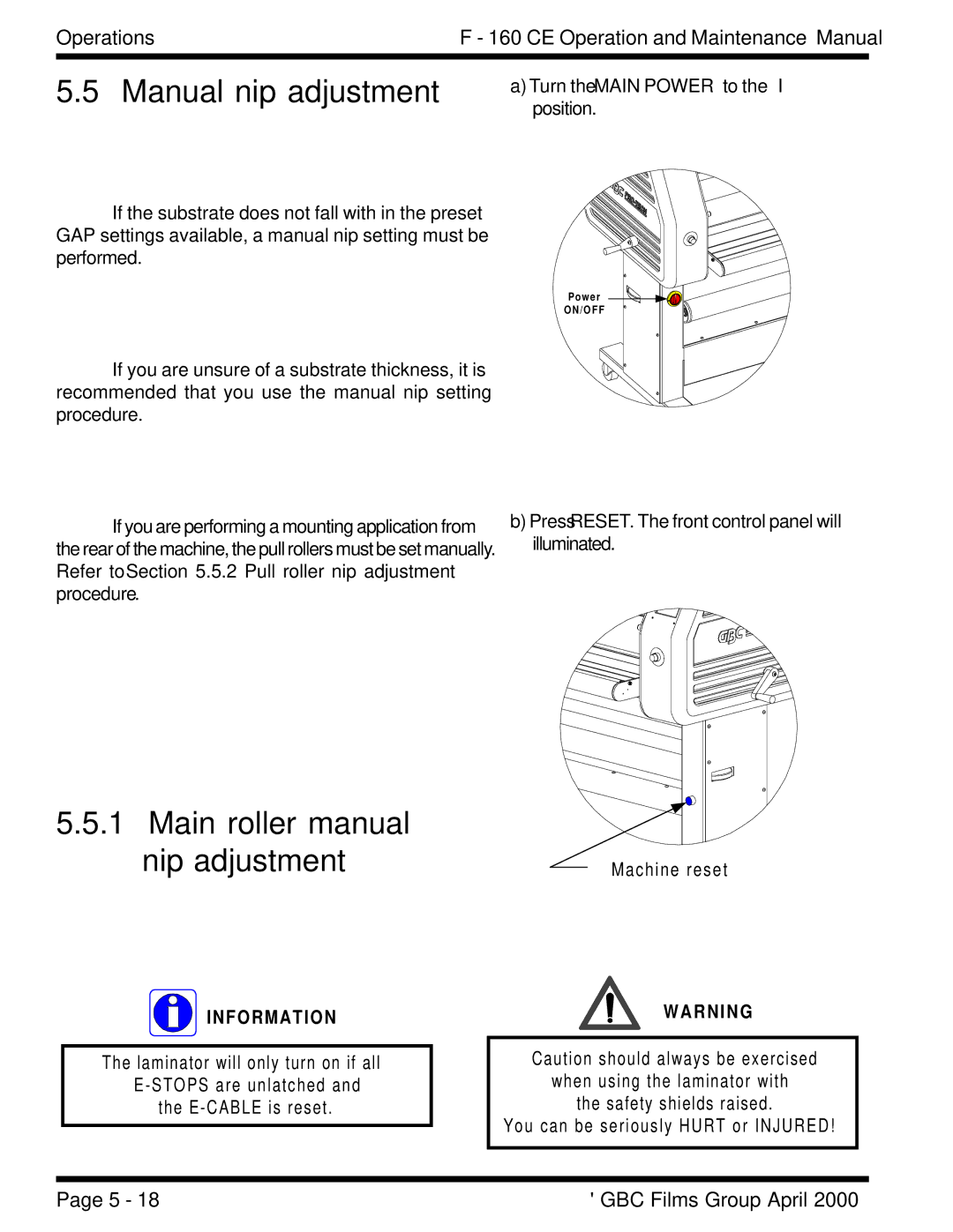 GBC F - 160 CE Manual nip adjustment, Main roller manual nip adjustment, Procedure 