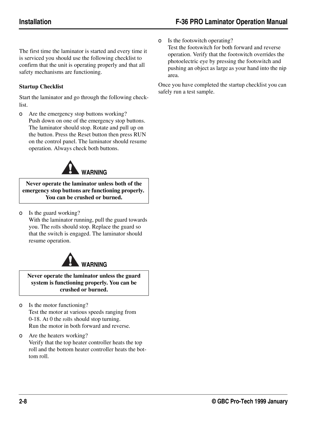 GBC F-36 manual Startup Checklist 