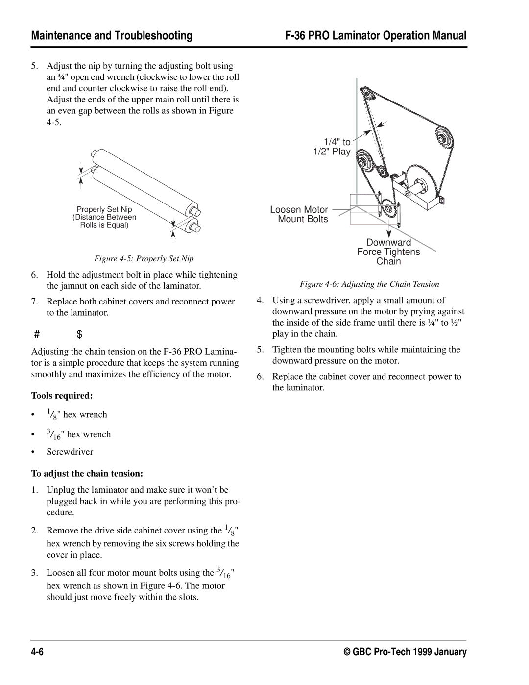 GBC F-36 manual # $, To adjust the chain tension 