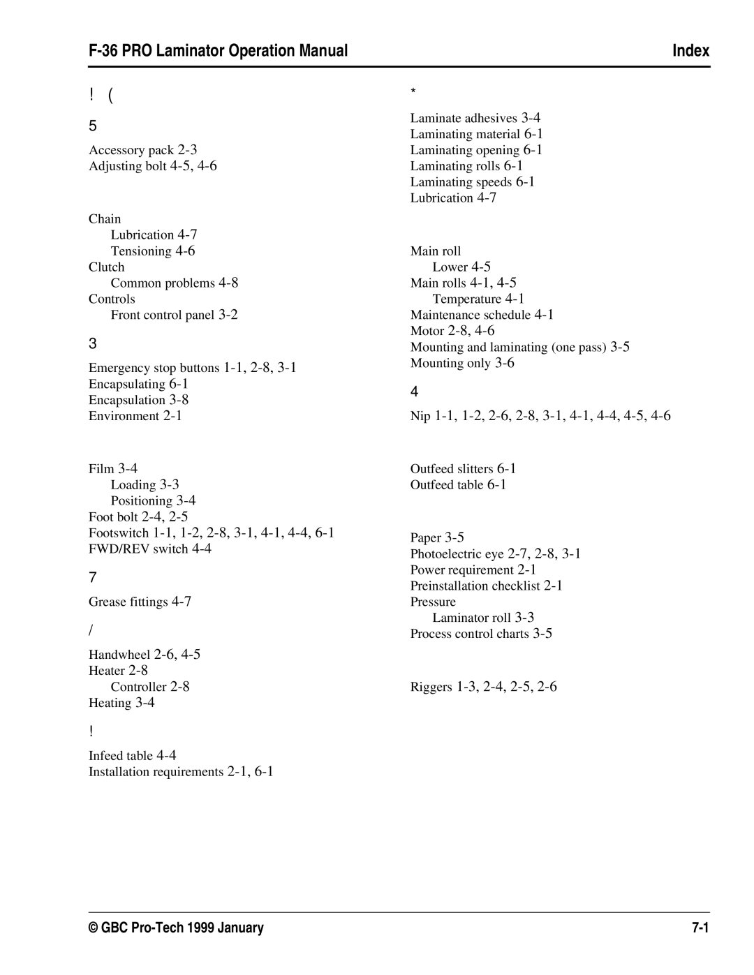 GBC F-36 manual  , Nip 1-1, 1-2, 2-6, 2-8, 3-1, 4-1, 4-4, 4-5 