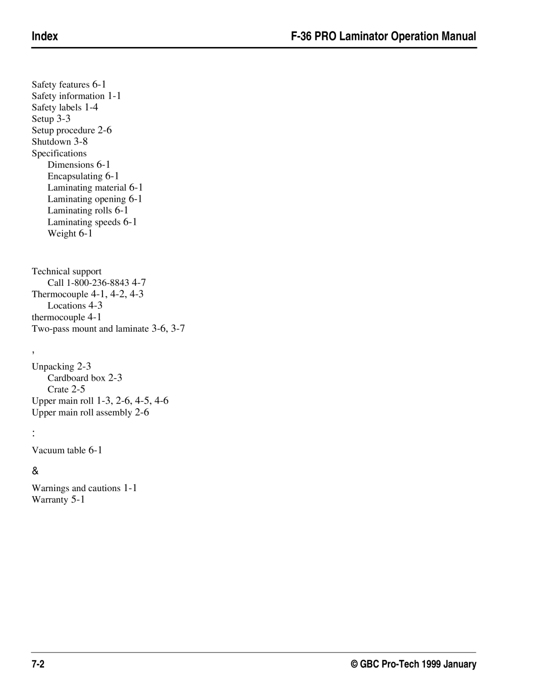 GBC F-36 manual Index 