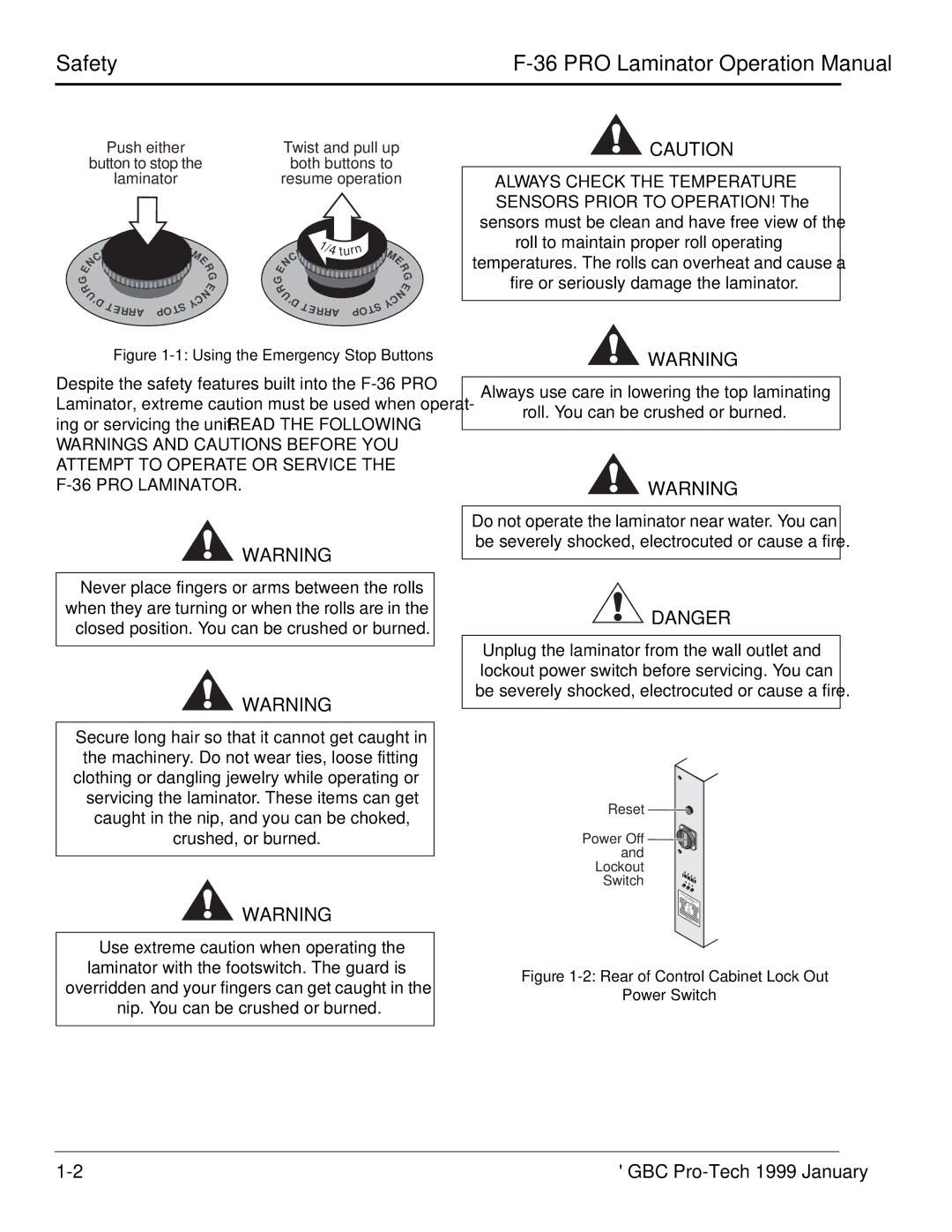 GBC F-36 manual Safety, Using the Emergency Stop Buttons 