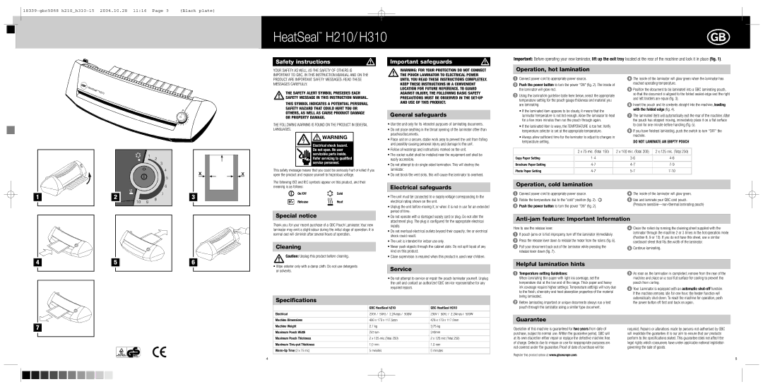 GBC H210, H310 instruction manual Safety instructions Important safeguards 