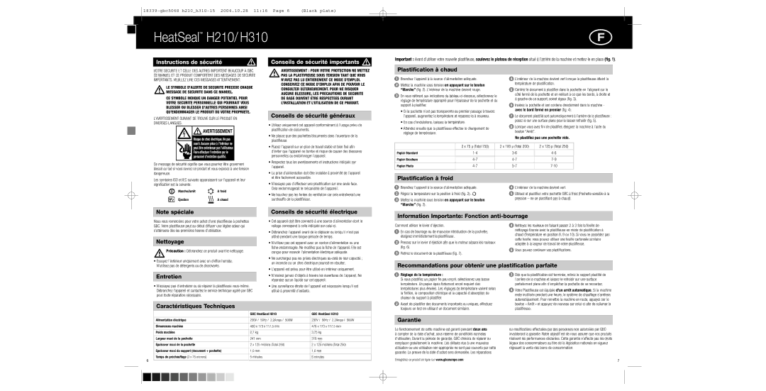 GBC H310, H210 instruction manual Instructions de sécurité Conseils de sécurité importants 