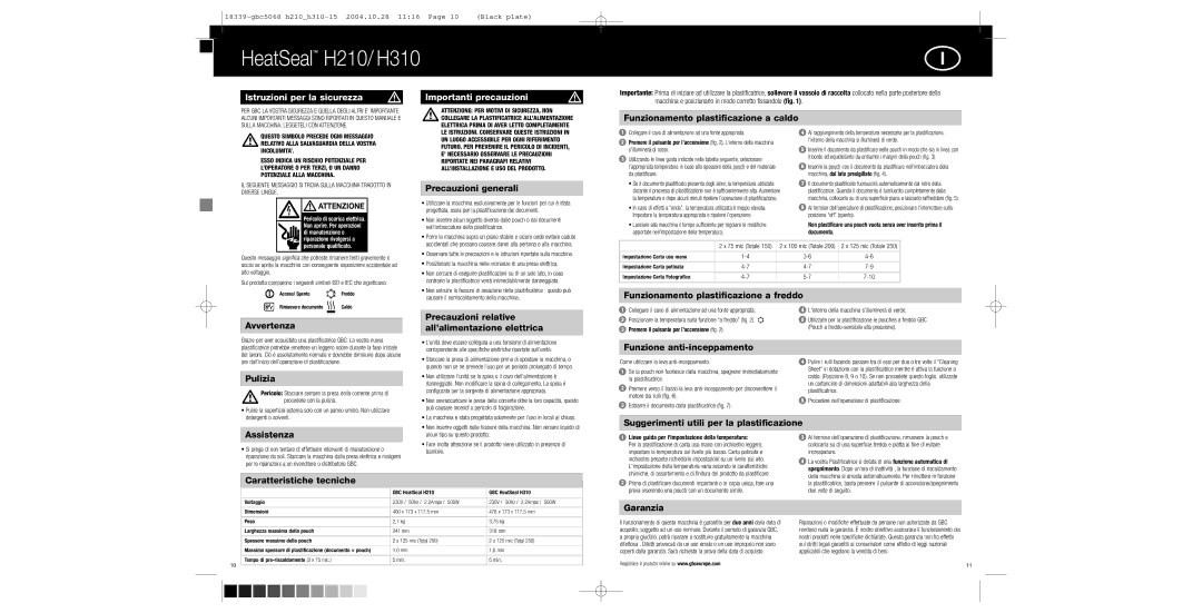 GBC H310, H210 instruction manual Istruzioni per la sicurezza Importanti precauzioni 