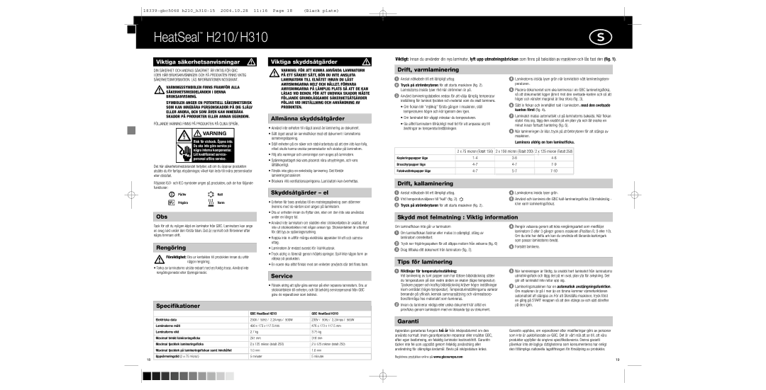 GBC H310, H210 instruction manual Viktiga säkerhetsanvisningar Viktiga skyddsåtgärder 