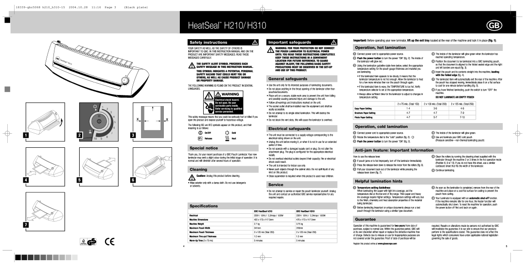 GBC instruction manual Safety instructions, Important safeguards, HeatSeal H210/ H310, General safeguards 