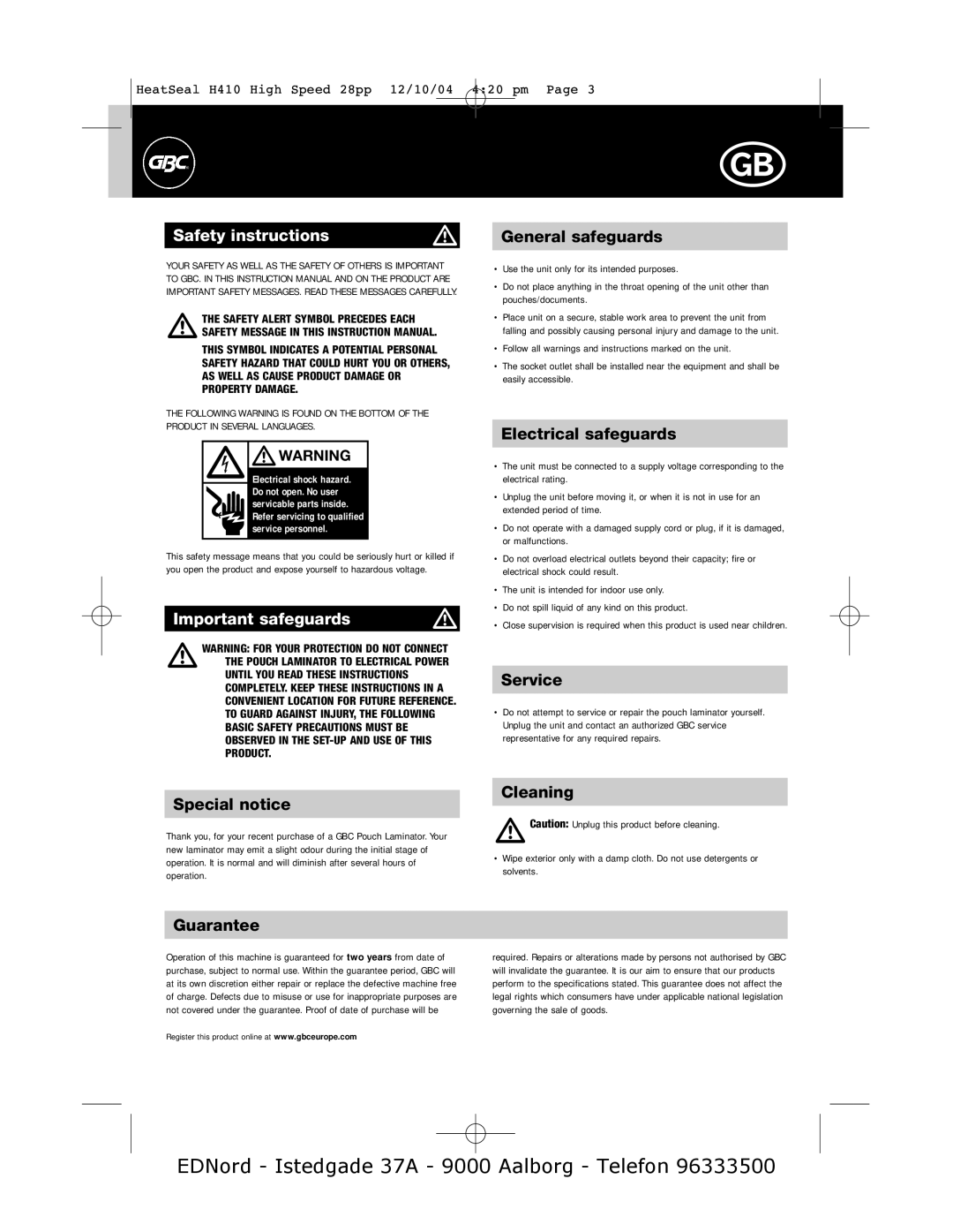 GBC H410 instruction manual Safety instructions, Important safeguards 