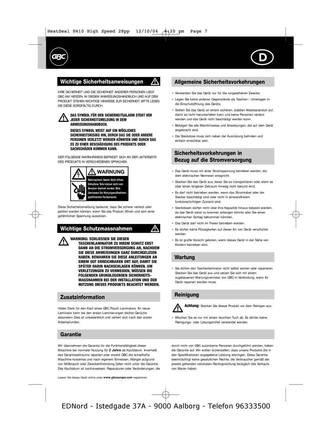 GBC H410 instruction manual Wichtige Sicherheitsanweisungen, Wichtige Schutzmassnahmen 