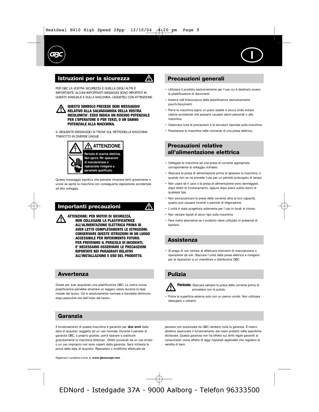 GBC H410 instruction manual Istruzioni per la sicurezza, Importanti precauzioni 