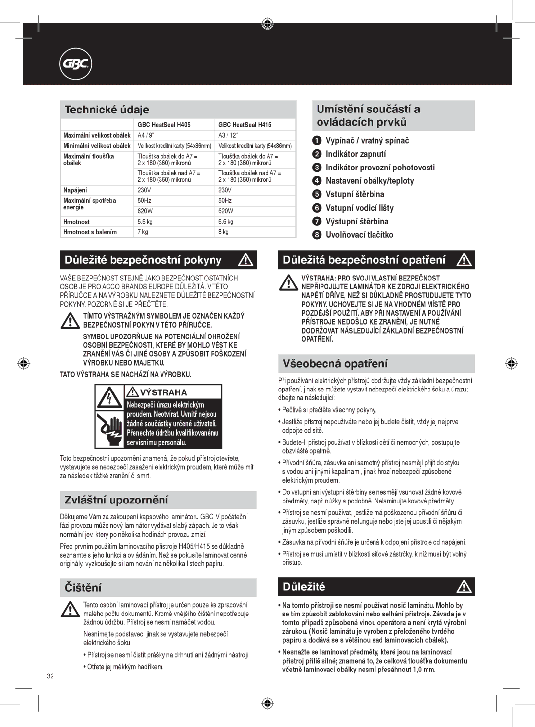 GBC H415, H405 instruction manual Důležité bezpečnostní pokyny m, Důležitá bezpečnostní opatření m, Důležitém 