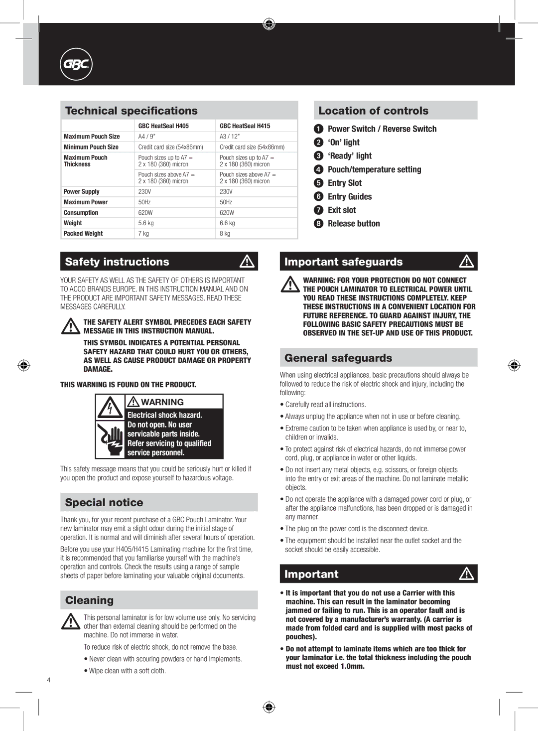 GBC H415, H405 instruction manual Safety instructions, Important safeguards, Importantm 