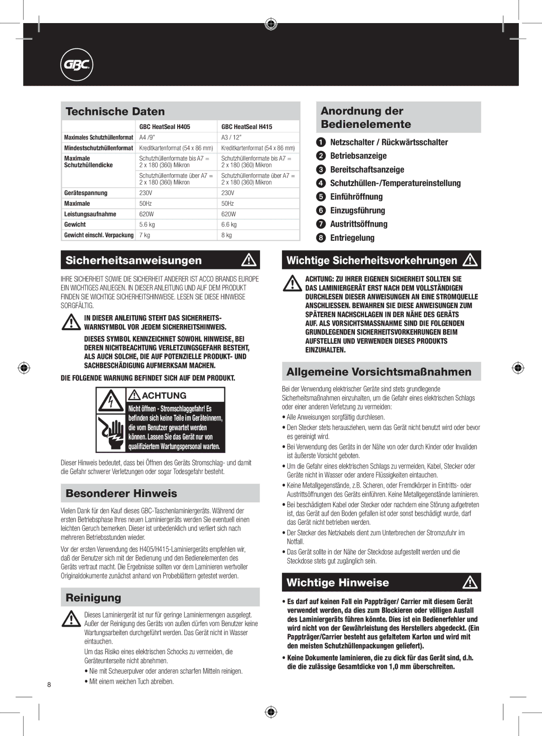 GBC H415, H405 instruction manual Sicherheitsanweisungen m, Wichtige Sicherheitsvorkehrungen m, Wichtige Hinweise 