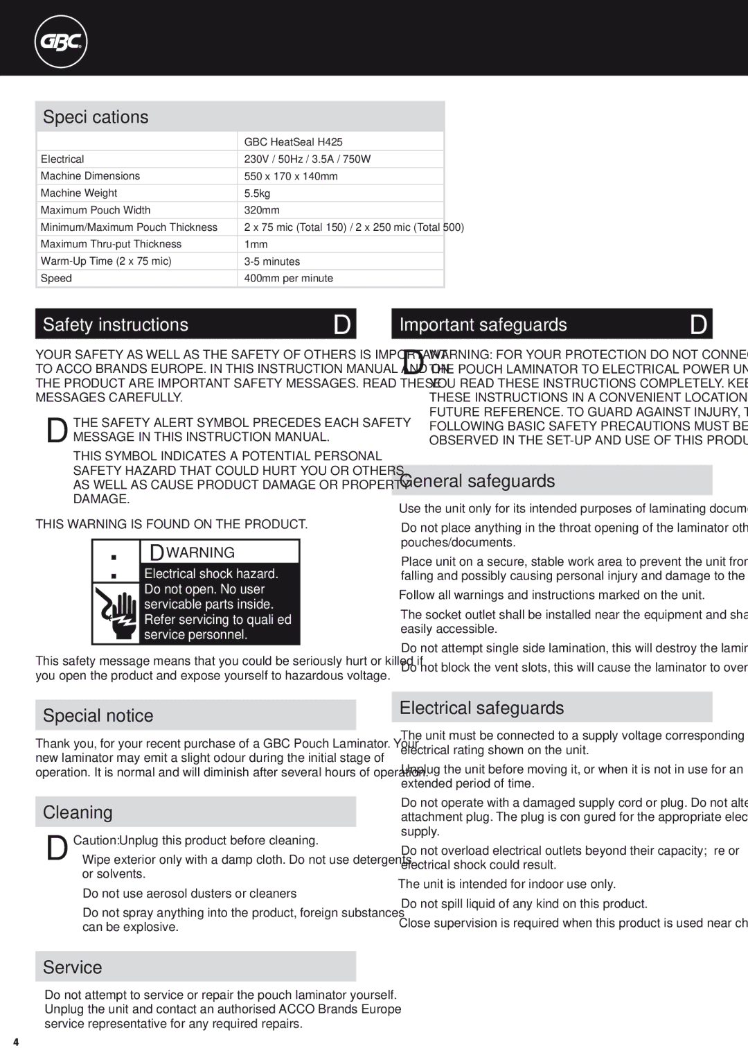 GBC H425 instruction manual Safety instructions, Important safeguards 