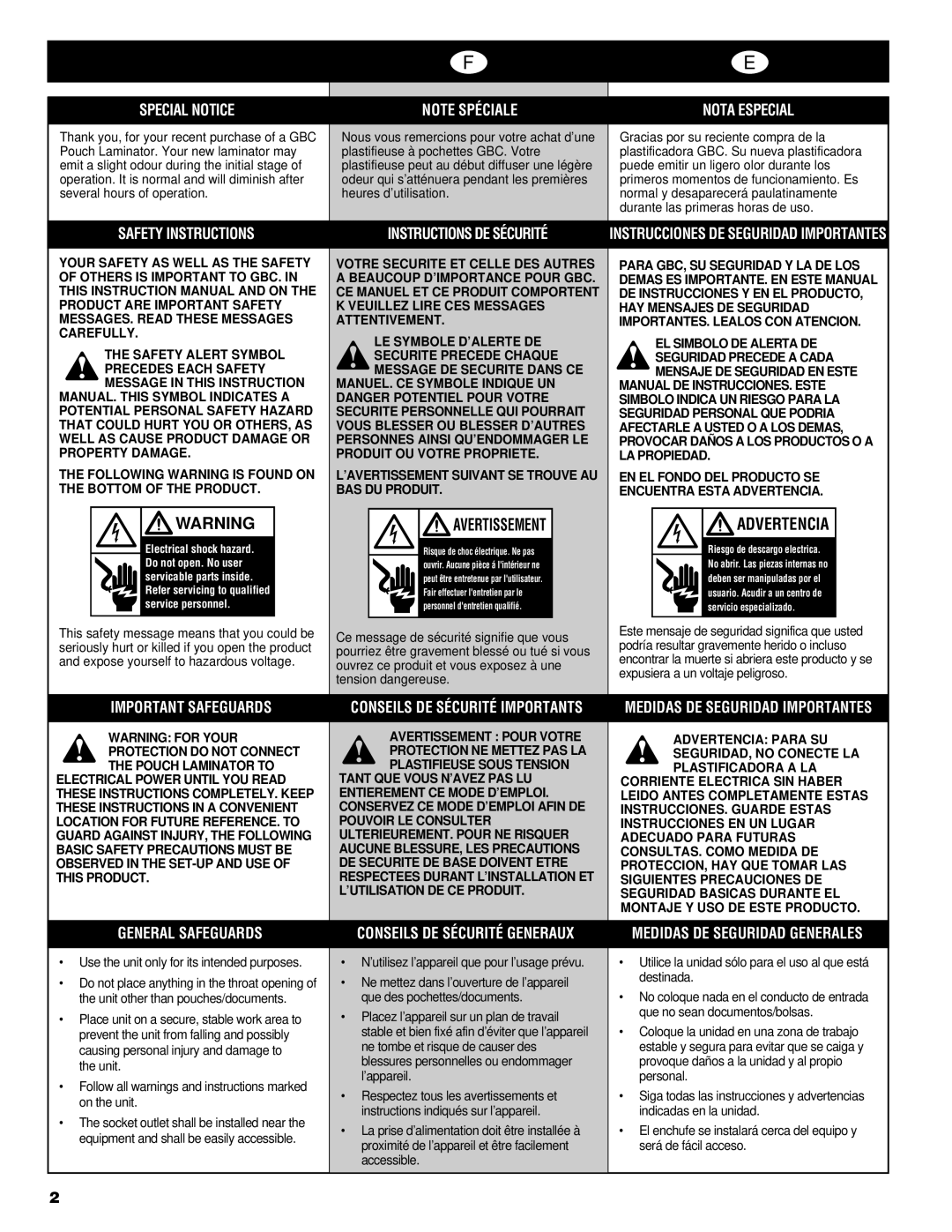 GBC H525 manual Avertissement, Advertencia 