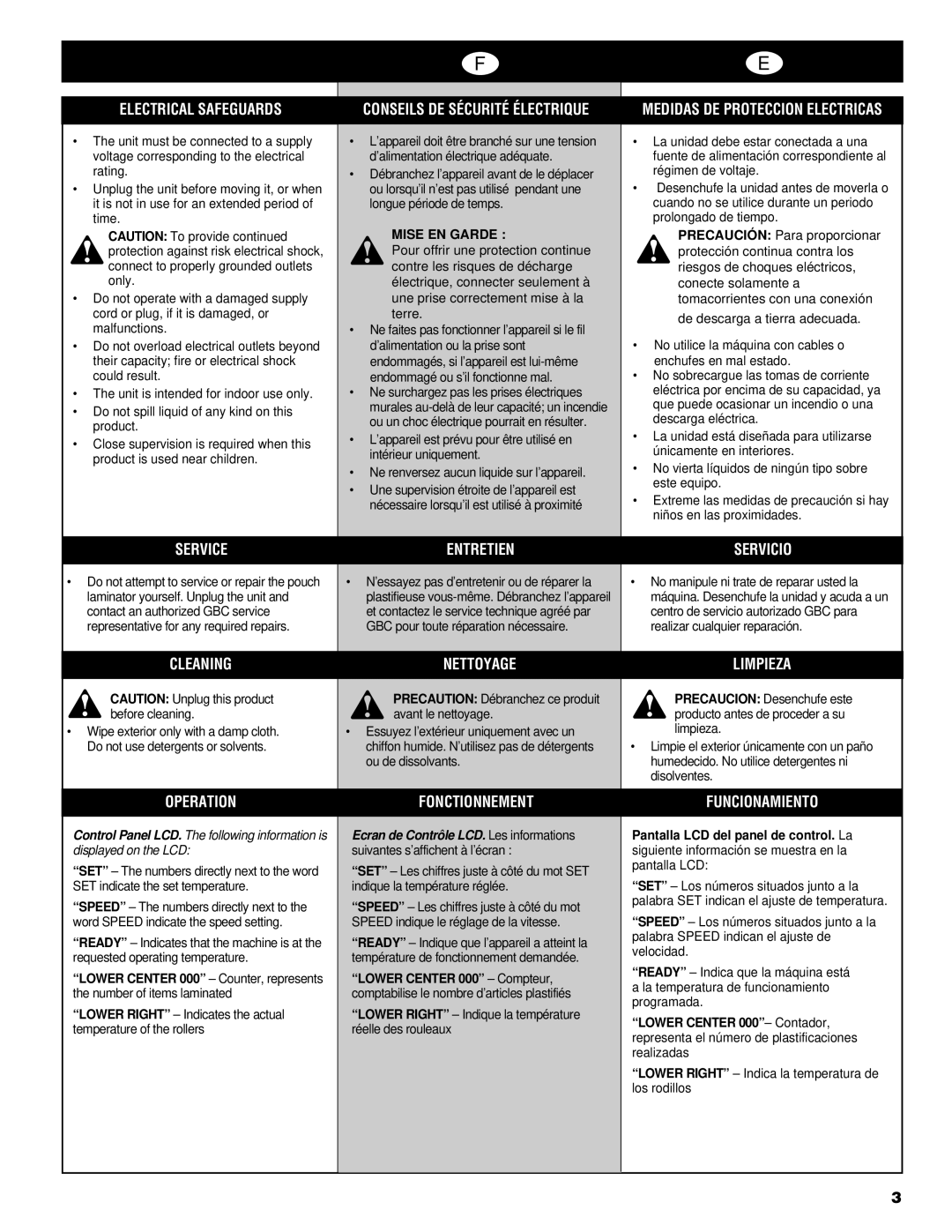 GBC H525 Electrical Safeguards, Service, Cleaning, Operation, Entretien, Nettoyage, Fonctionnement, Servicio, Limpieza 