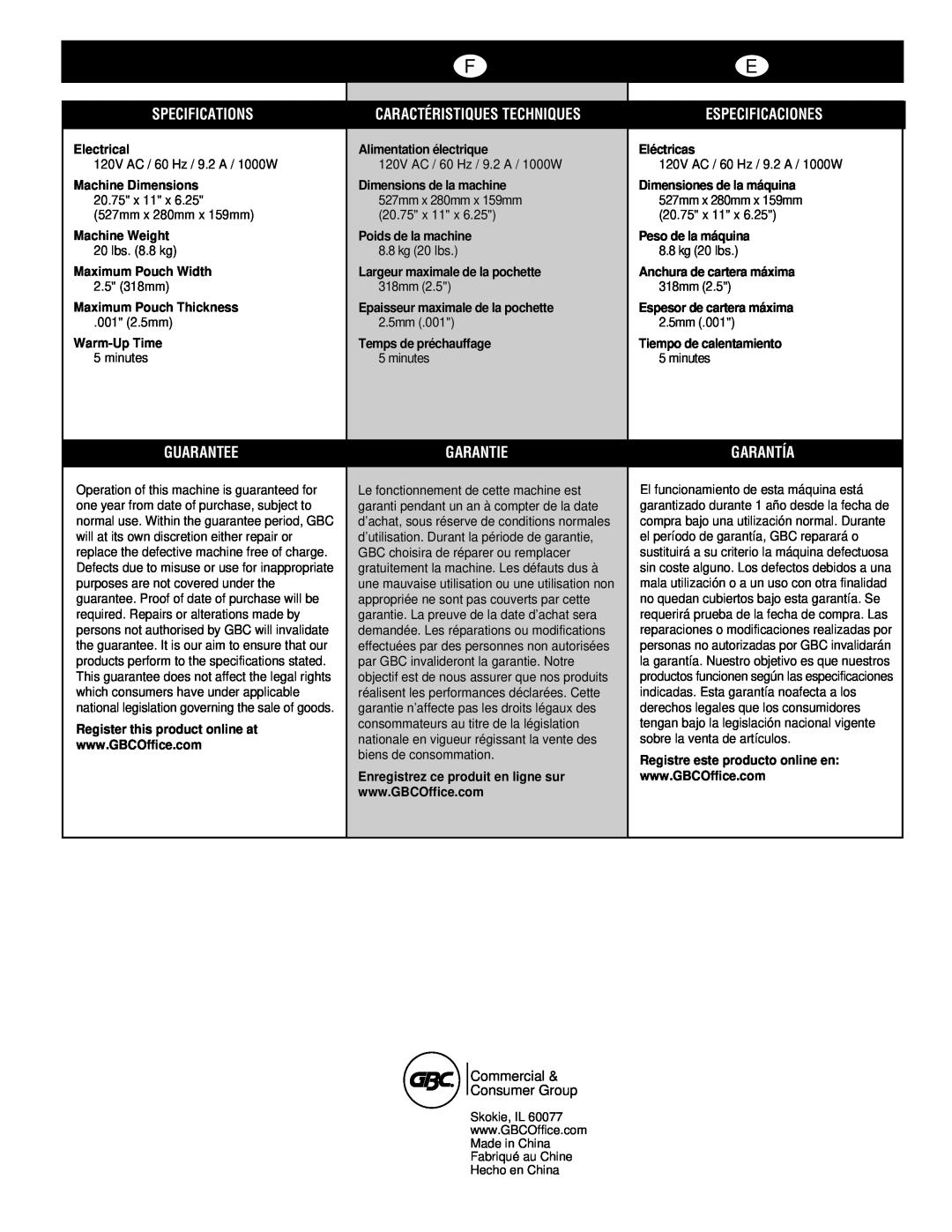 GBC H525 manual Specifications, Caractéristiques Techniques, Especificaciones, Guarantee, Garantie, Garantía 