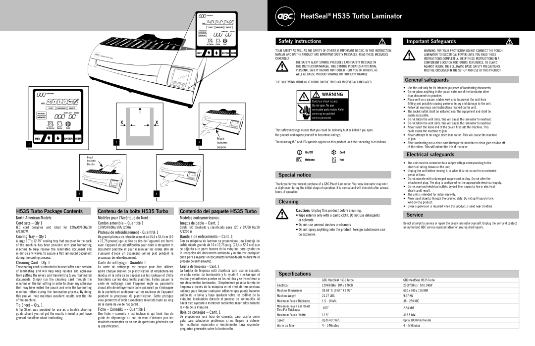 GBC General safeguards, Special notice, Cleaning Electrical safeguards, H535 Turbo Package Contents, Service 