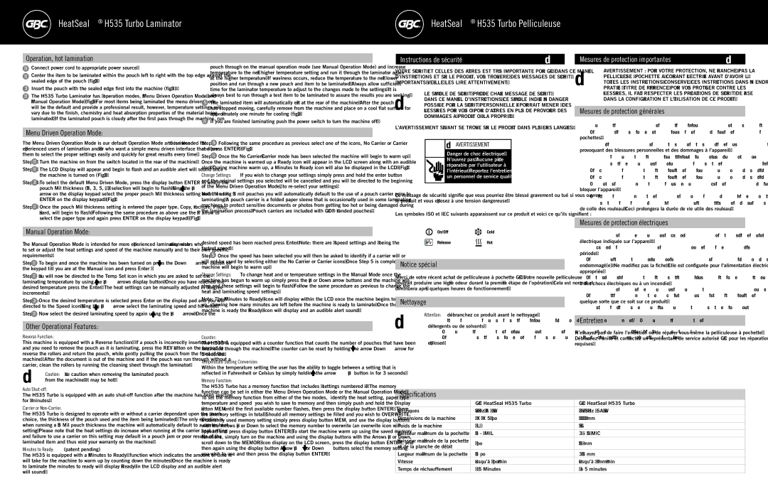 GBC H535 Operation, hot lamination, Mesures de protection générales Menu Driven Operation Mode, Other Operational Features 