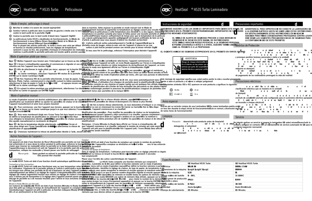 GBC H535 Mode d’emploi, pelliculage à chaud, Mode d’opération piloté par menu, Medidas de Protección, Aviso especial 