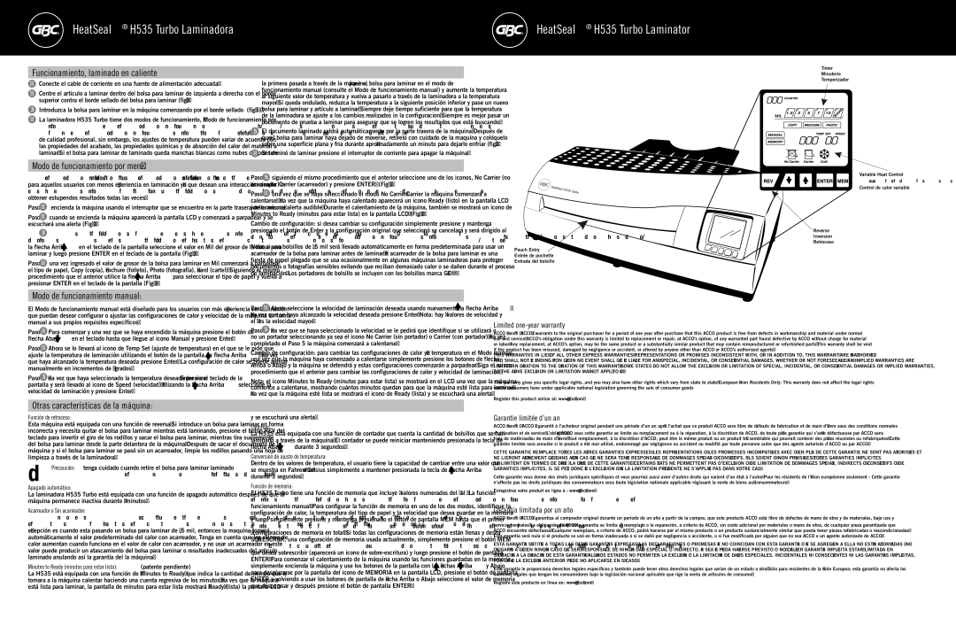 GBC H535 Funcionamiento, laminado en caliente, Modo de funcionamiento por menú, Modo de funcionamiento manual 