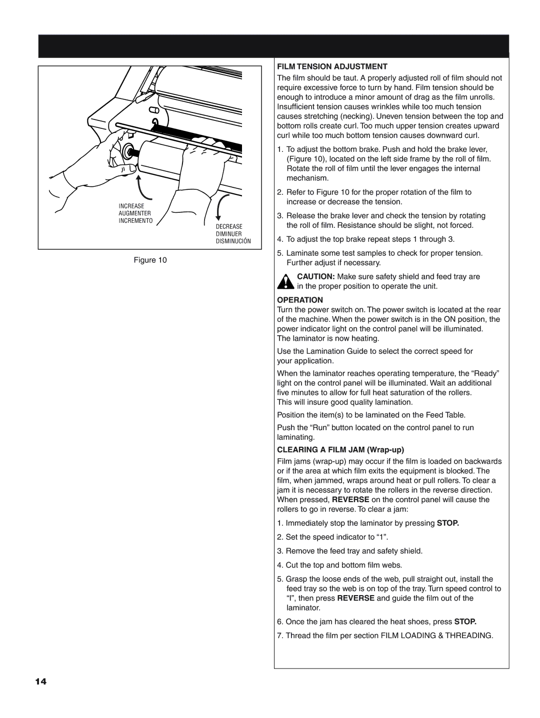 GBC H800 PRO-R manual Film Tension Adjustment, Operation, Clearing a Film JAM Wrap-up 