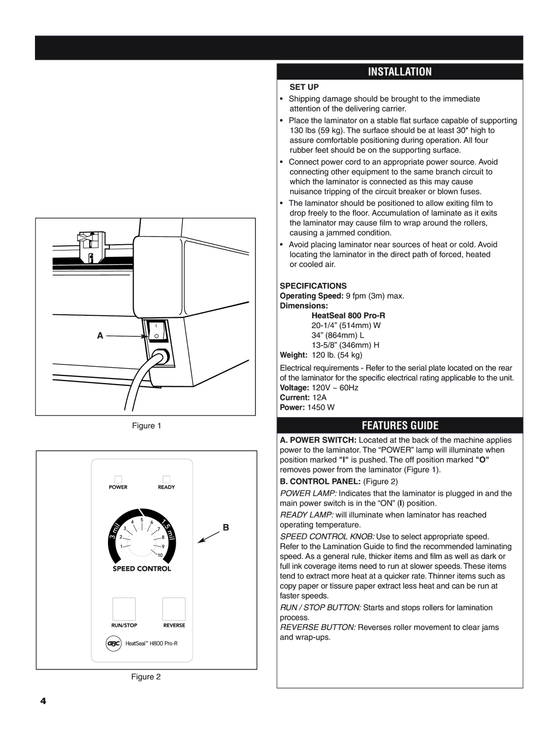 GBC H800 PRO-R manual Installation, Features Guide, Set Up, Specifications 