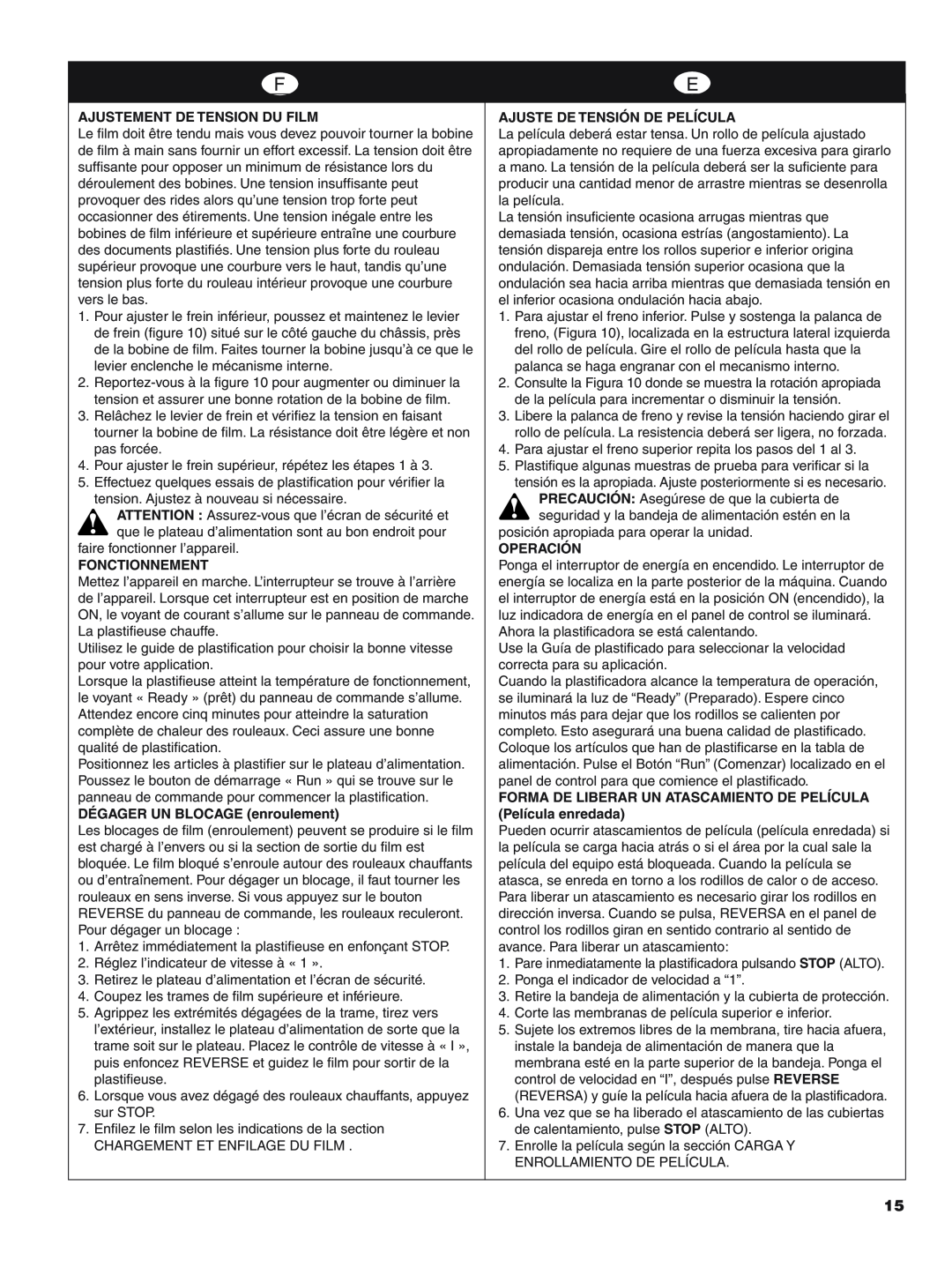 GBC H800 PRO-R manual Ajustement De Tension Du Film, Fonctionnement, DÉGAGER UN BLOCAGE enroulement, Operación 