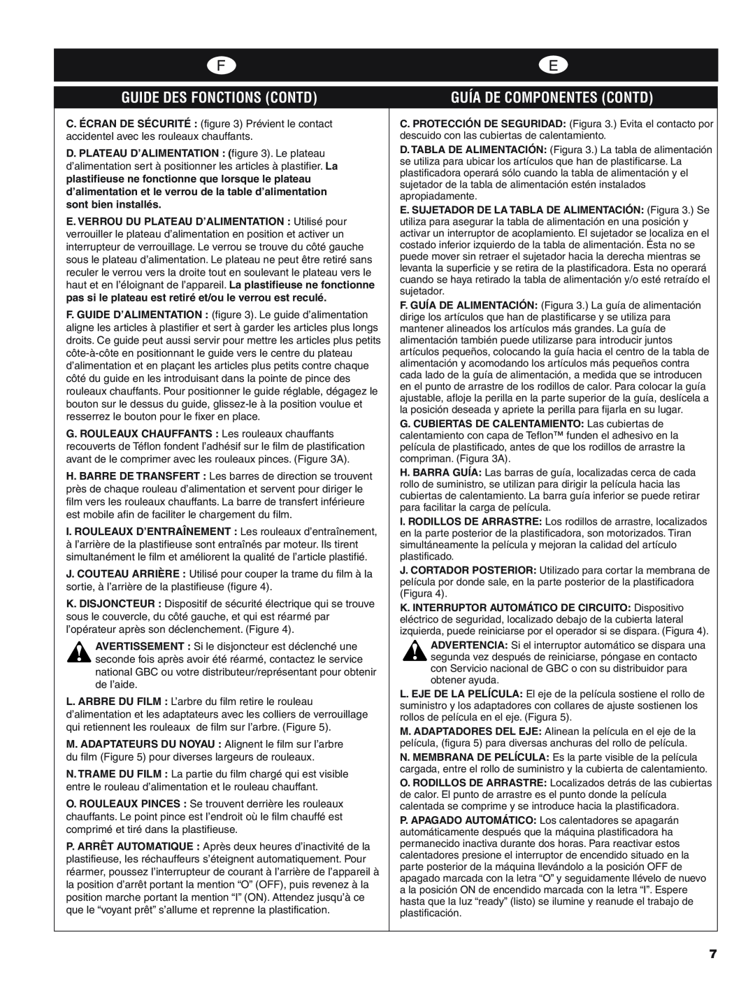 GBC H800 PRO-R manual Guide Des Fonctions Contd, Guía De Componentes Contd 