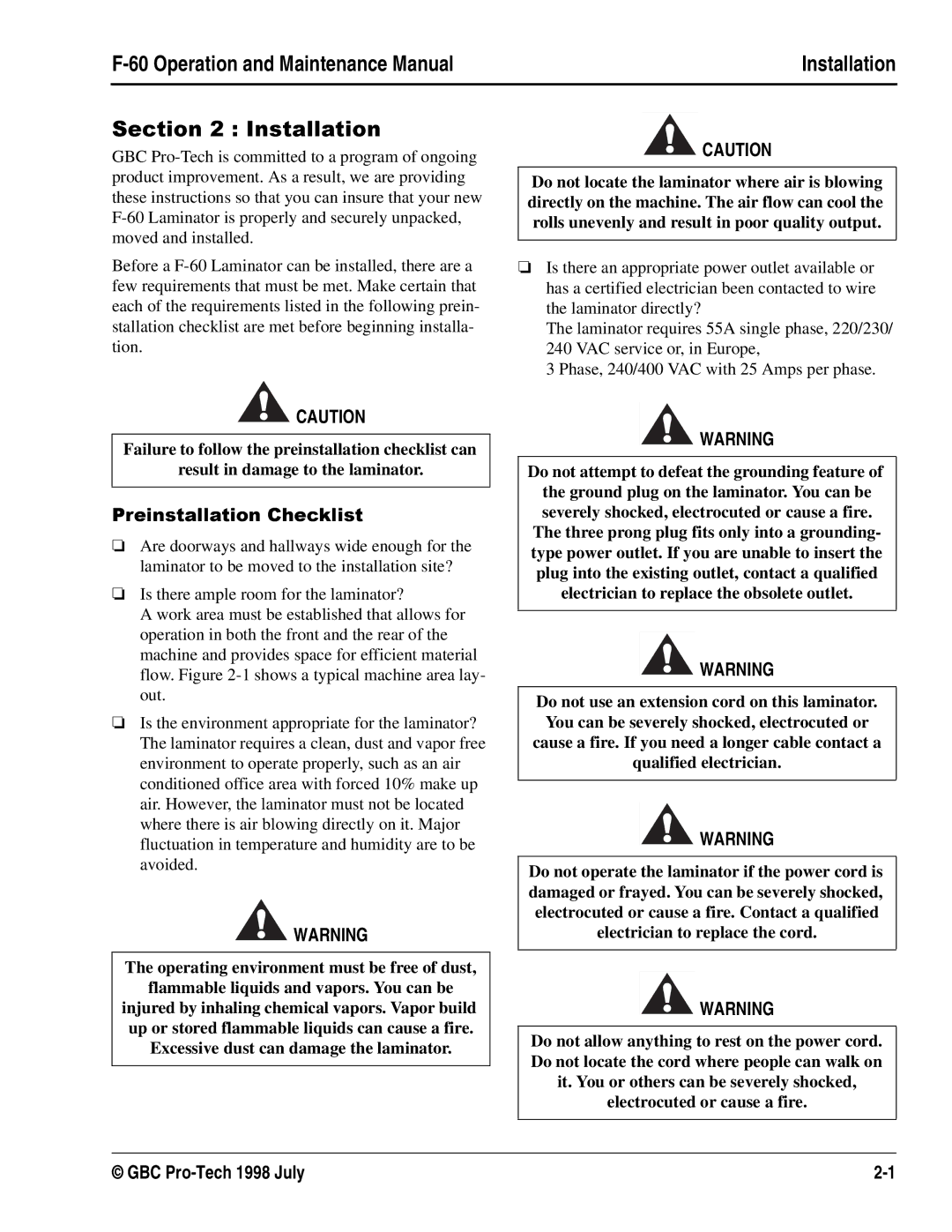 GBC Laminator manual 6HFWLRQ ,QVWDOODWLRQ 