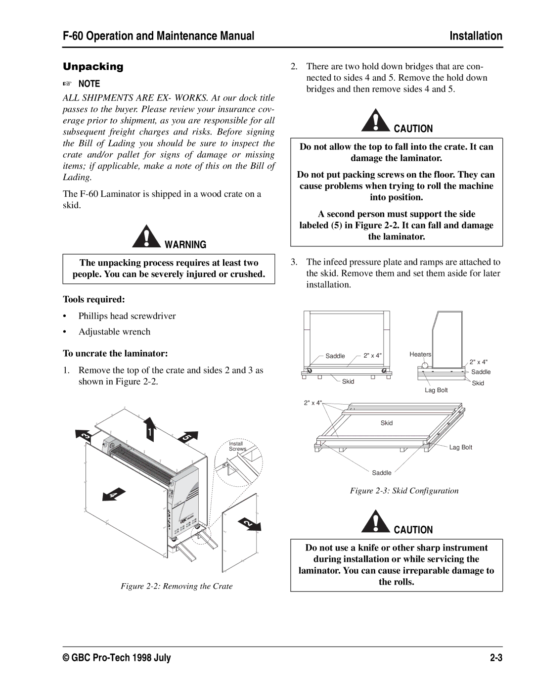 GBC Laminator manual Tools required, To uncrate the laminator 