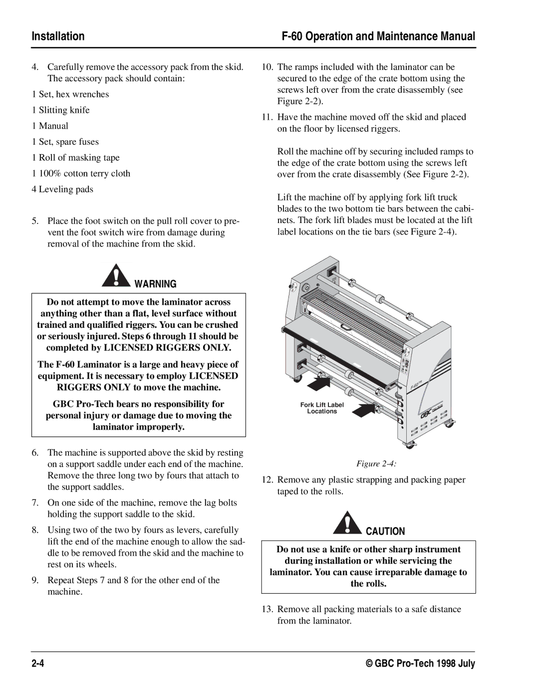 GBC Laminator manual Fork Lift Label Locations 