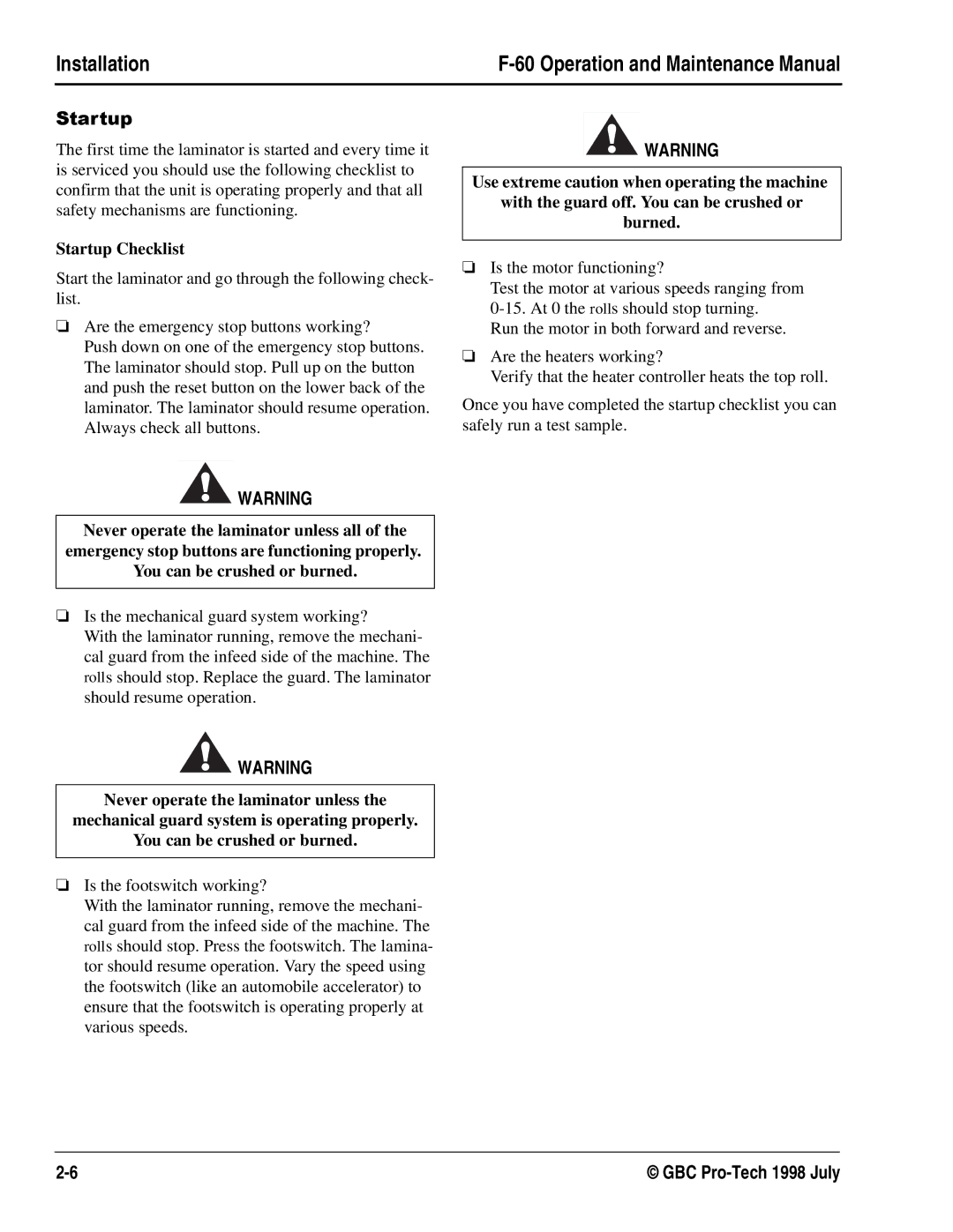 GBC Laminator manual Operation and Maintenance Manual, Startup Checklist 