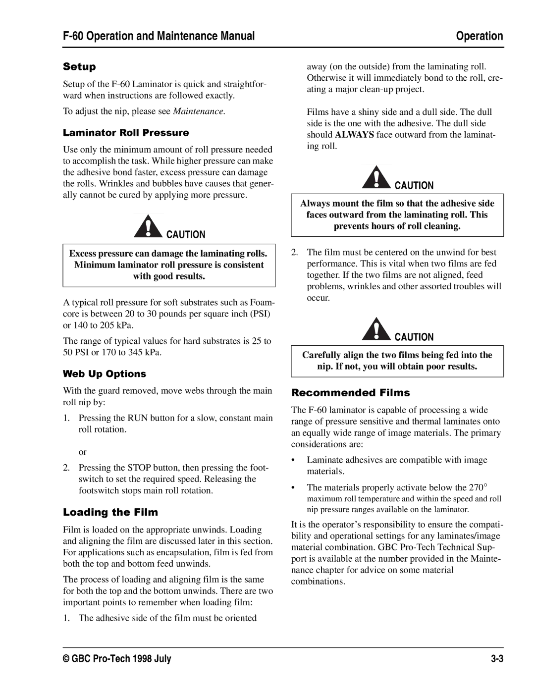 GBC Laminator manual 6HWXS, Faces outward from the laminating roll. This 