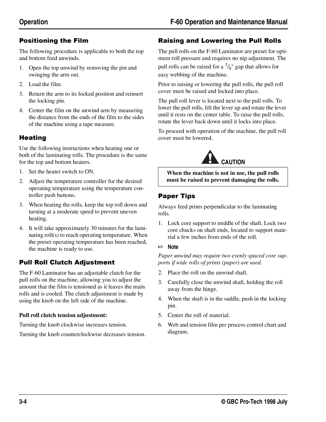 GBC Laminator manual Operation Operation and Maintenance Manual, Pull roll clutch tension adjustment 