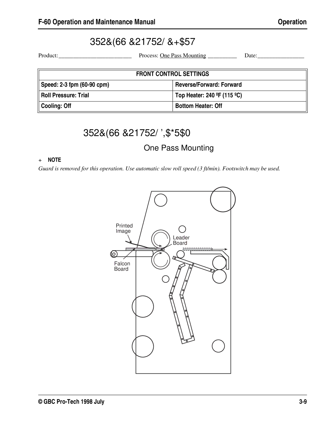 GBC Laminator manual 352&66&21752/&+$57, 352&66&21752/,$*5$0, Process One Pass Mounting Date 