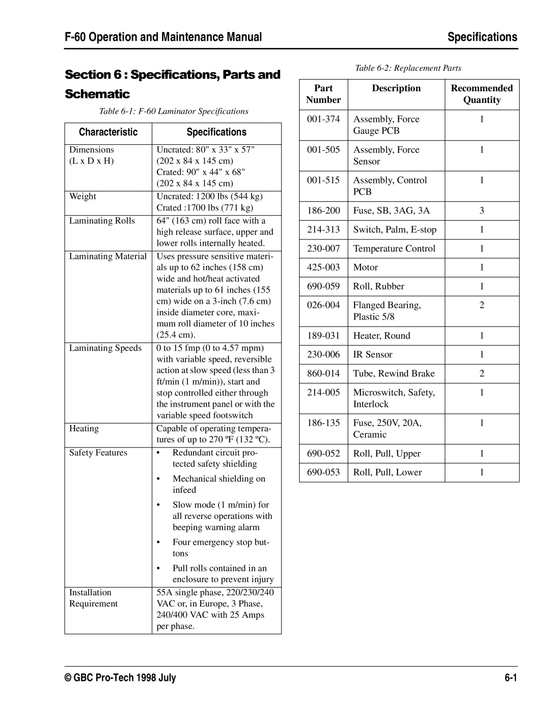 GBC Laminator manual Part Description, Quantity 