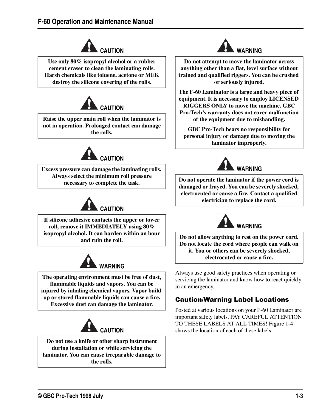 GBC Laminator manual DXWLRQin an emergencyDUQLQJ. /DEHO/RFDWLRQV 