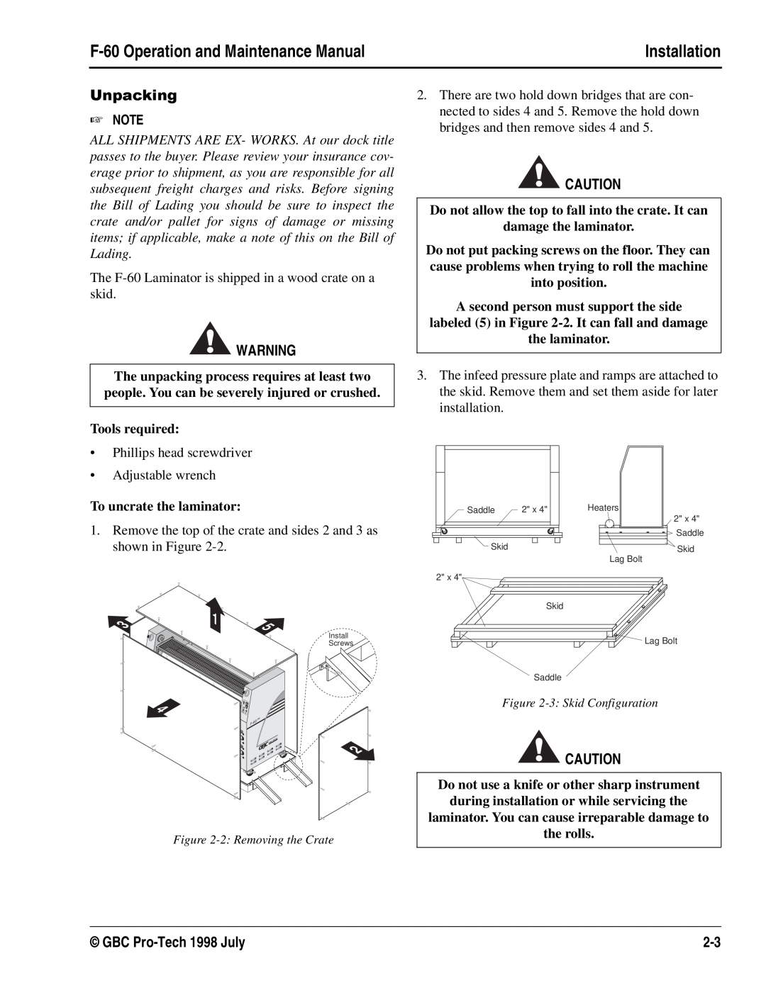 GBC manual Installation, GBC Pro-Tech 1998 July, The F-60 Laminator is shipped in a wood crate on a skid 