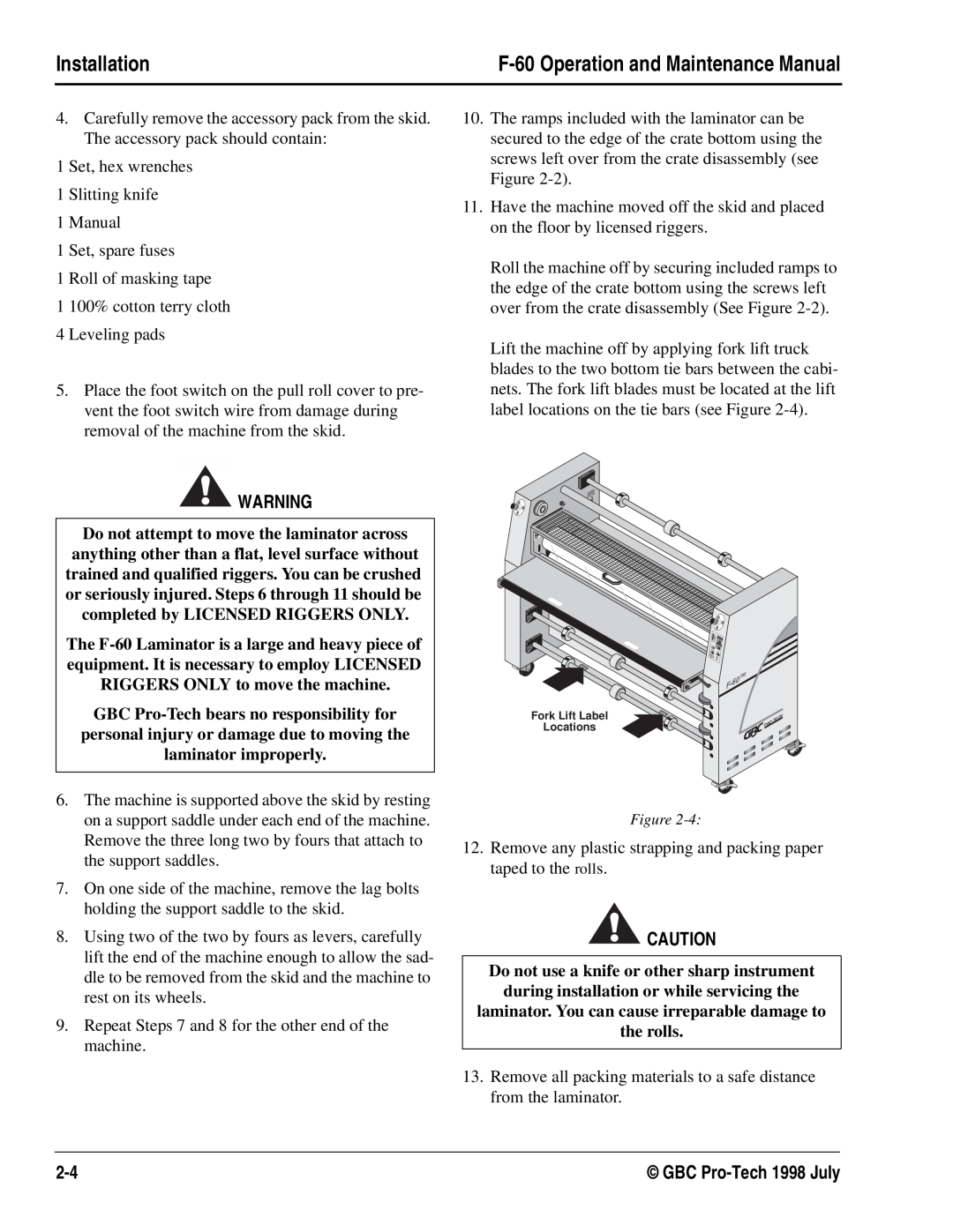 GBC Laminator manual Installation, F-60 Operation and Maintenance Manual 