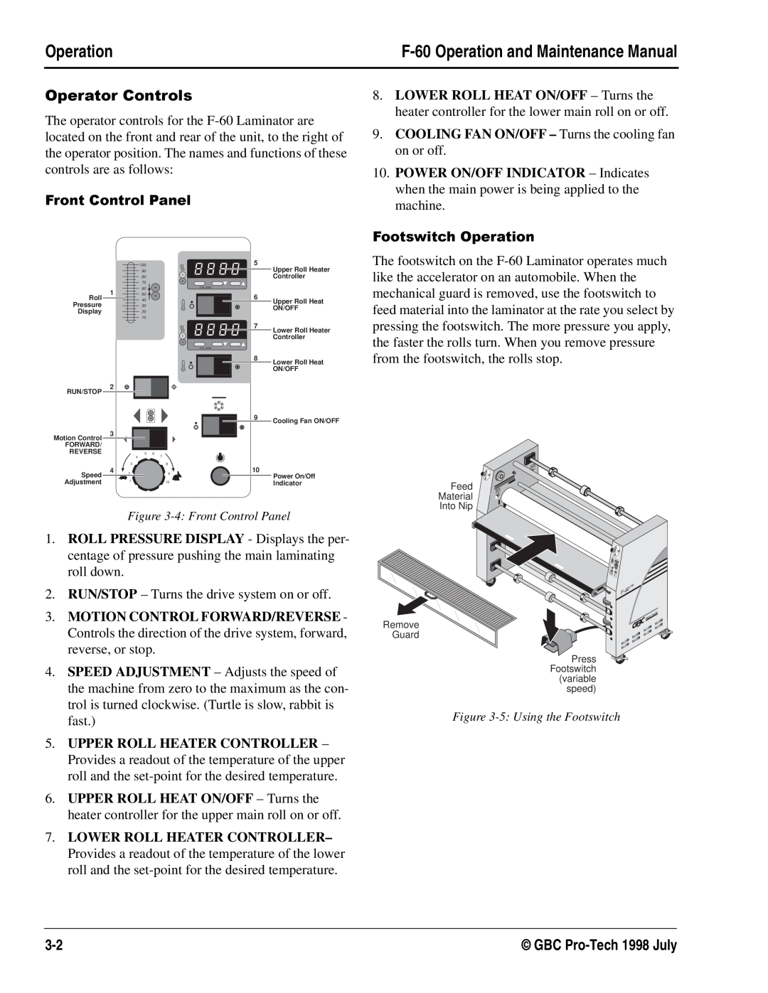 GBC Laminator manual 2SHUDWRUOperation &RQWUROV, RRWVZLWFK-60 Operation and Maintenance Manual 