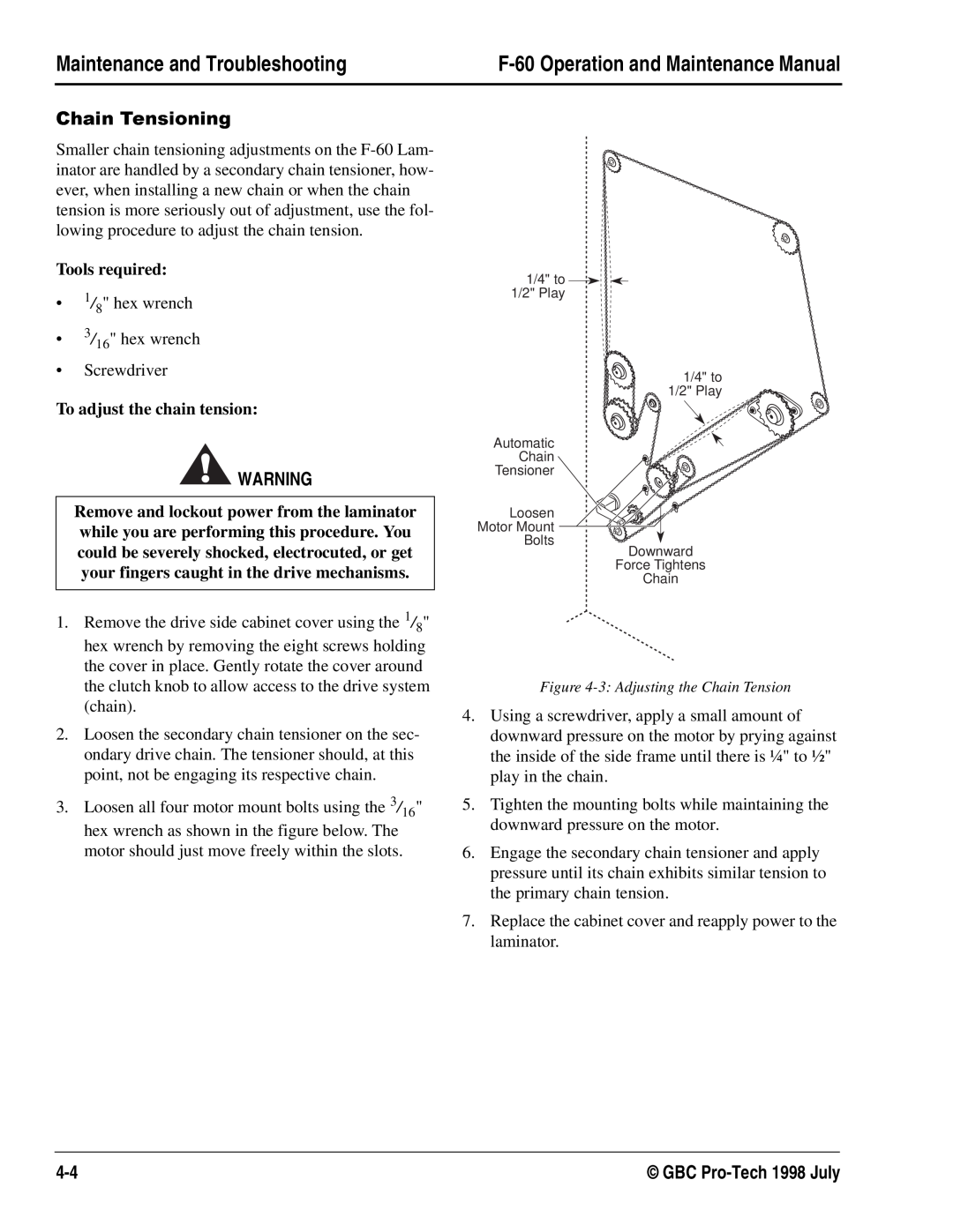 GBC Laminator manual KDLQ7HQVLRQLQJ, Maintenance and Troubleshooting, F-60 Operation and Maintenance Manual 