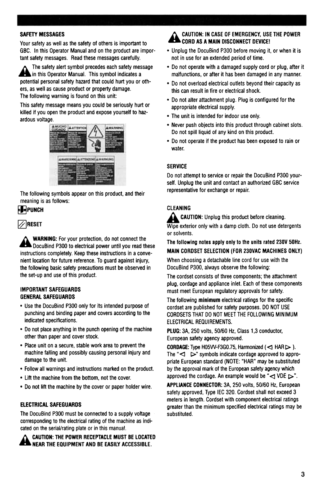 GBC P300 manual Safetymessages 