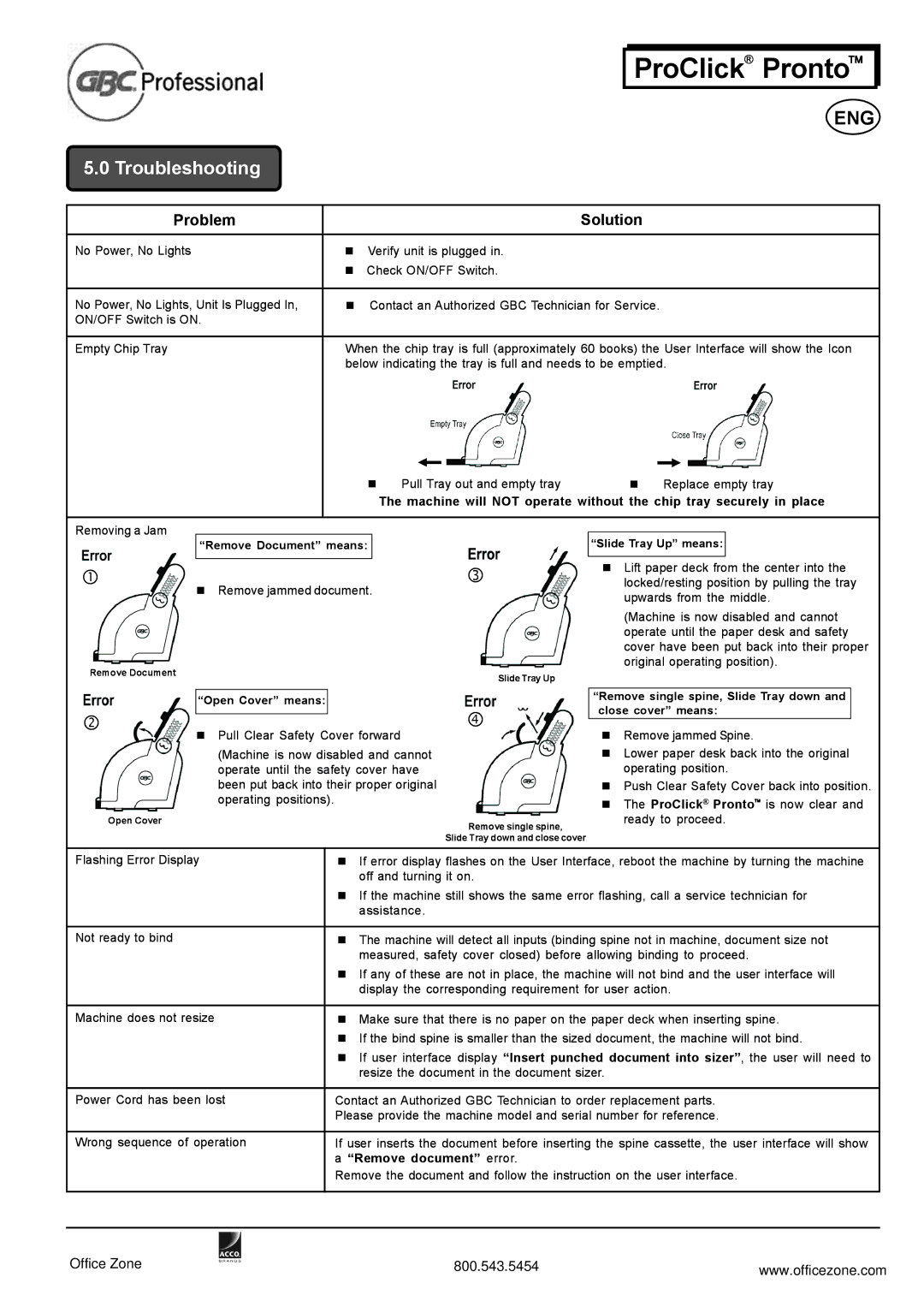 GBC P2000, P3000 manuel dutilisation Troubleshooting, Problem Solution 