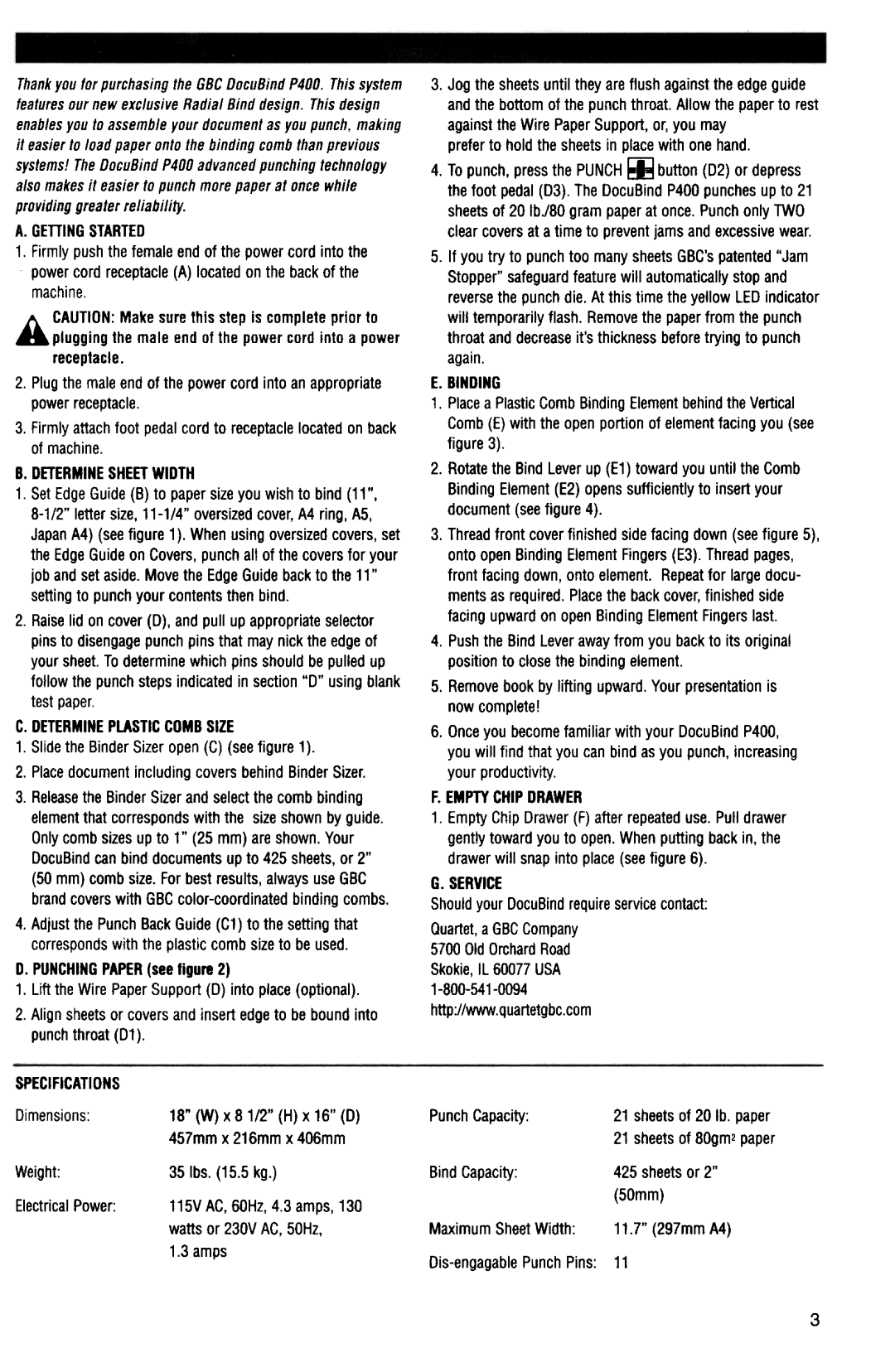 GBC P400 manual Gettingstarted, Determinesheetwidth, Determineplasticcdmbsize, Binding, Emptychipdrawer, Service 