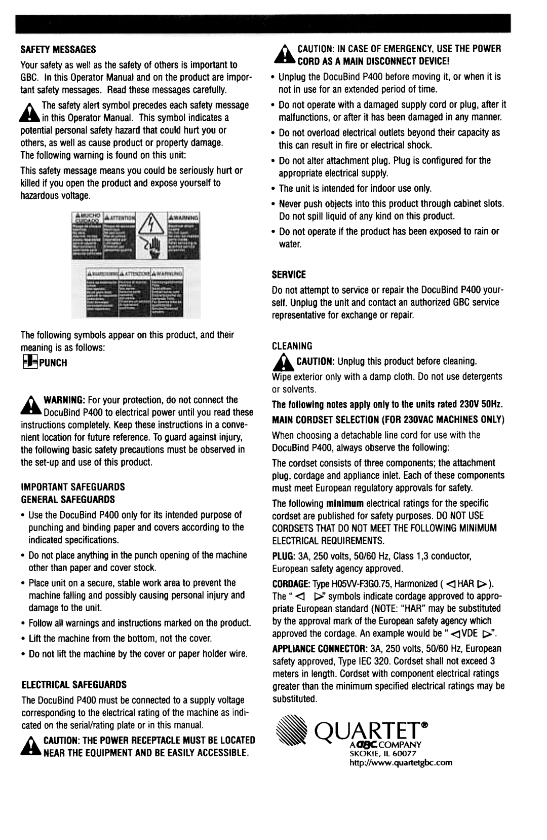 GBC P400 manual Safetymessages, Importantsafeguaros Generalsafeguaros, Electricalsafeguards, Cleaning 