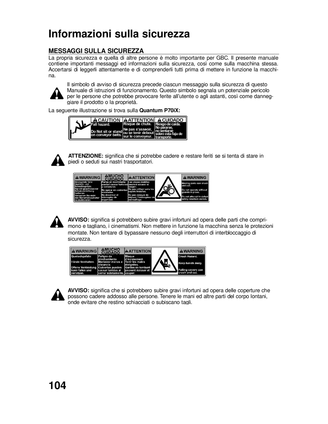 GBC P70IX manuel dutilisation Informazioni sulla sicurezza, 104, Messaggi Sulla Sicurezza 