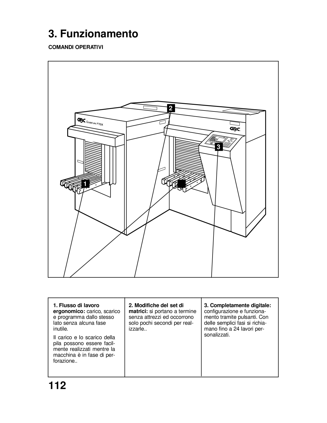GBC P70IX manuel dutilisation Funzionamento, 112, Comandi Operativi 