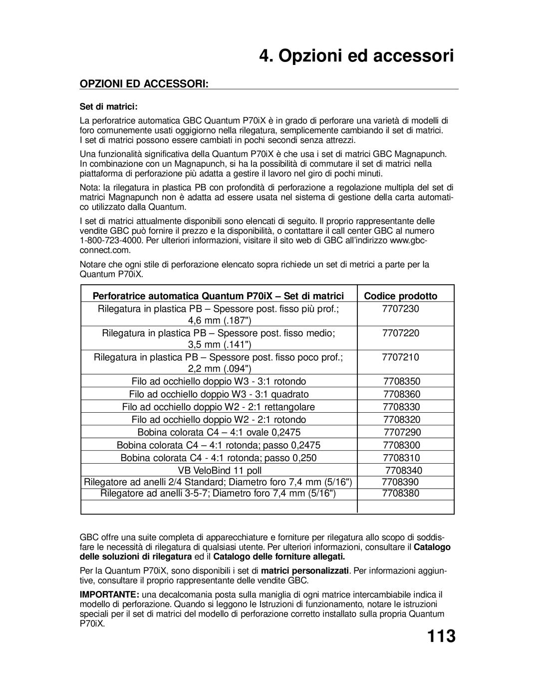 GBC P70IX manuel dutilisation Opzioni ed accessori, 113, Opzioni ED Accessori, Set di matrici 